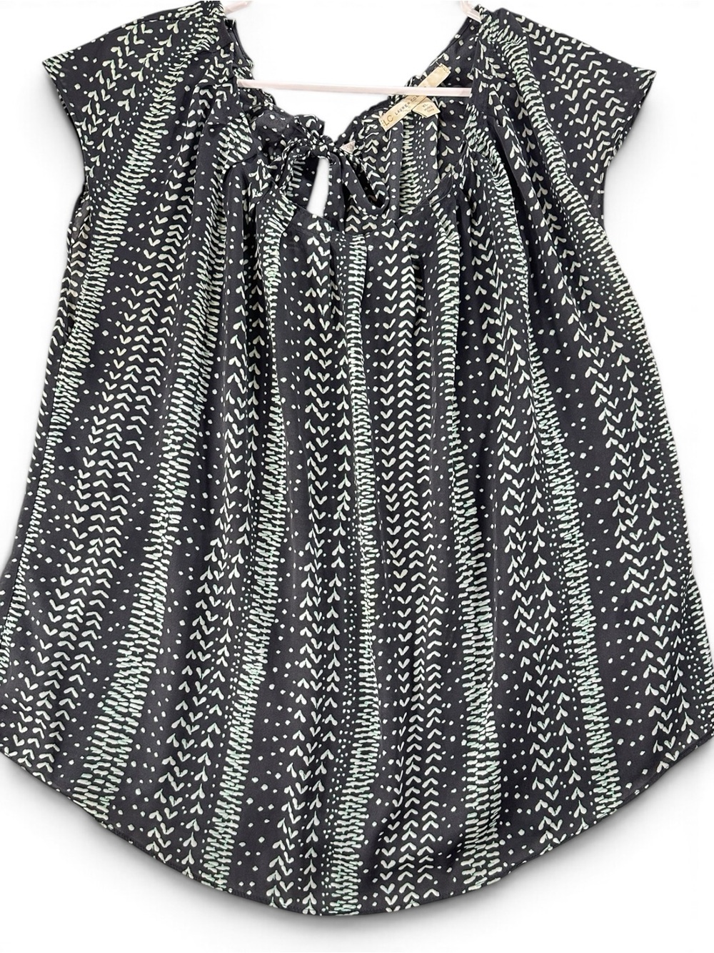 LC Lauren Conrad Black Tie-Neck Cap Sleeve Top with Mint Stripe Print